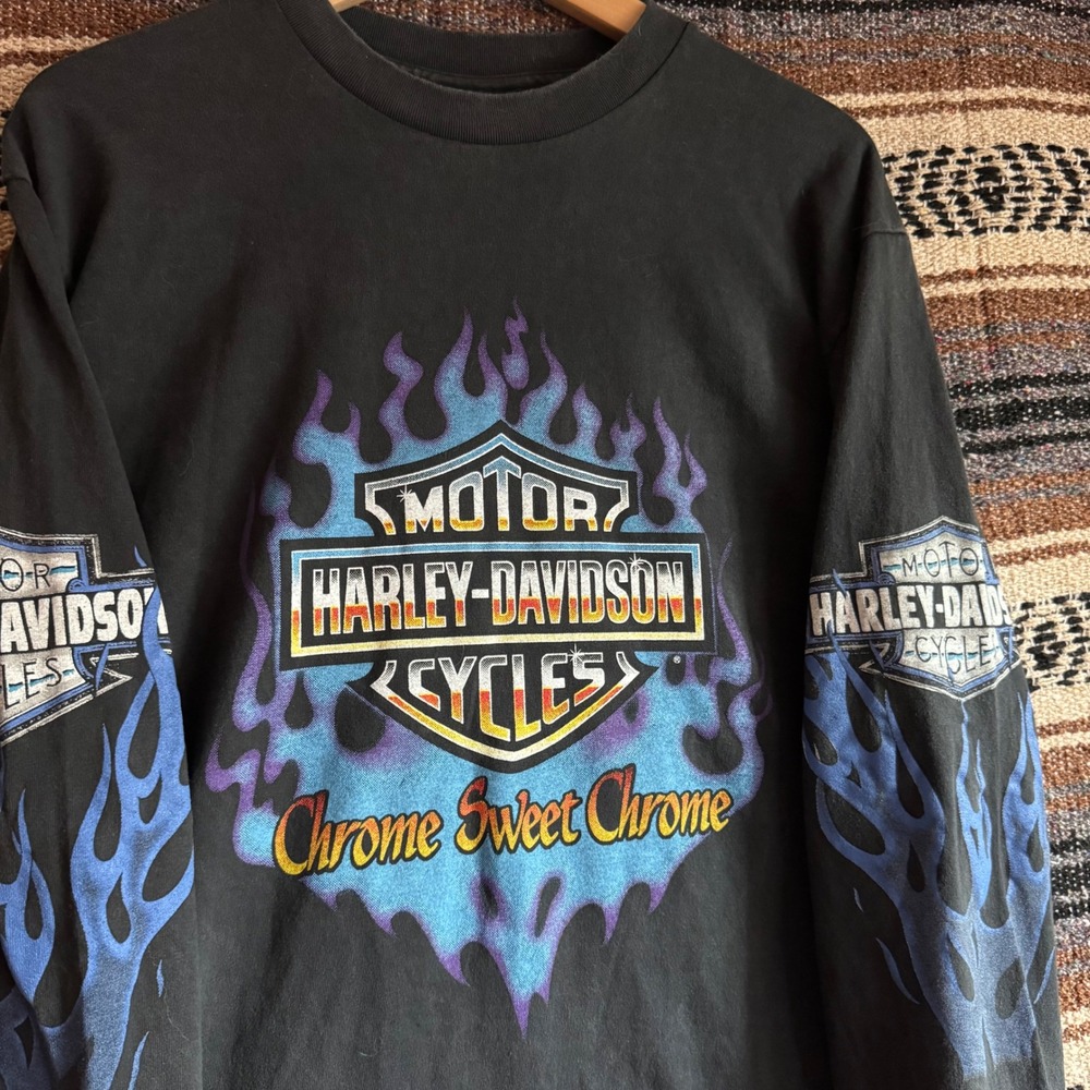 Harley-Davidson Blue Flames Shirt Large Black Long Sleeve Yuma Arizona Reprint